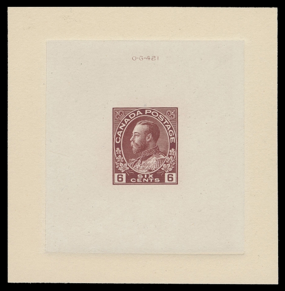 CANADA -  8 KING GEORGE V  An extraordinary Large Die Essay of this unissued value, printed in carmine on india 55 x 59mm sunk on large card 75 x 77mm; showing die number "OG-421" above design. A fabulous and highly desirable Admiral proof in immaculate condition, XF 