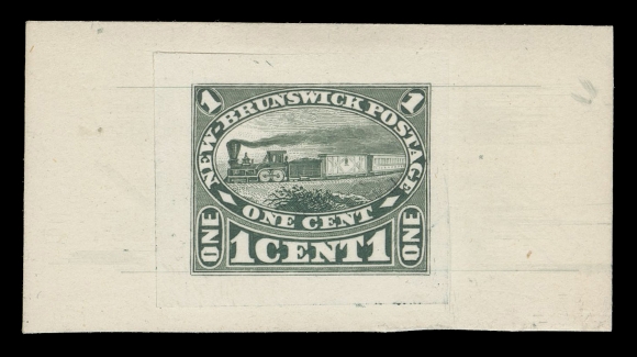 NEW BRUNSWICK  6,“Goodall” Die Essay in dark bluish green on india paper 28 x 24mm, sunk on card 56 x 30mm; the unadopted design with Locomotive facing left. A rare and desirable die essay in pristine condition, XF (Minuse & Pratt 6E-Ag)Provenance: Dale-Lichtenstein Sale 2 - BNA Part One, H.R. Harmer, Inc., New York, November 1968; Lot 498