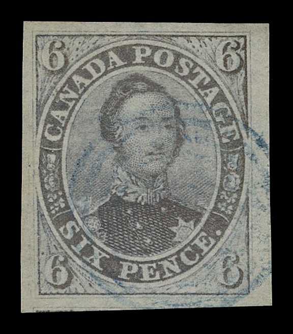 CANADA -  2 PENCE  2,A superlative example in flawless condition, prominent laid lines including a "vergé", surrounded by remarkably large margins including portion of adjacent stamps at base and at right, bright colour and sharp impression on pristine fresh paper, ideally postmarked with light concentric rings cancel IN BLUE. An outstanding stamp in all respects, XF GEM; 2023 Greene Foundation cert.