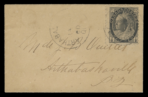 CANADA -  6 1897-1902 VICTORIAN ISSUES  1900 (January) An appealing unsealed cover franked with ½c Numeral tied by Arthabaskaville, Que CDS, second strike at left, addressed locally and accepted without penalty. Slight ageing on front, a very small half cent single-franking cover, F-VF (Unitrade 74)