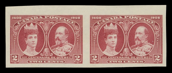 CANADA -  7 KING EDWARD VII  96ii-103ii,The complete set of eight imperforate pairs in horizontal format with sheet margins at top, from the so-called first printing, each pair in a distinctive deeper shade and ungummed as issued; 15c light marginal crease at right, otherwise choice and seldom seen especially in horizontal format, VF-XF