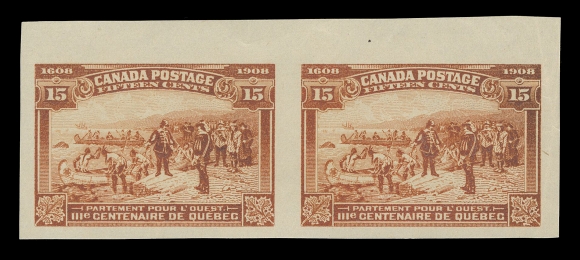CANADA -  7 KING EDWARD VII  96ii-103ii,The complete set of eight imperforate pairs in horizontal format with sheet margins at top, from the so-called first printing, each pair in a distinctive deeper shade and ungummed as issued; 15c light marginal crease at right, otherwise choice and seldom seen especially in horizontal format, VF-XF