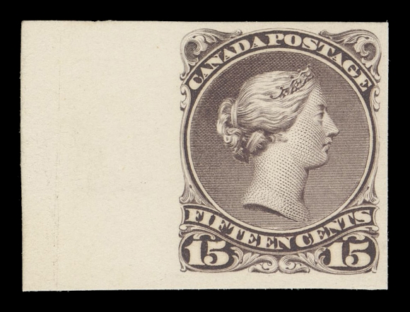 CANADA -  4 LARGE QUEEN  29,Plate proof single in dark purple printed directly on thin white card, large margined  with sheet margin at left, attractive and VF
