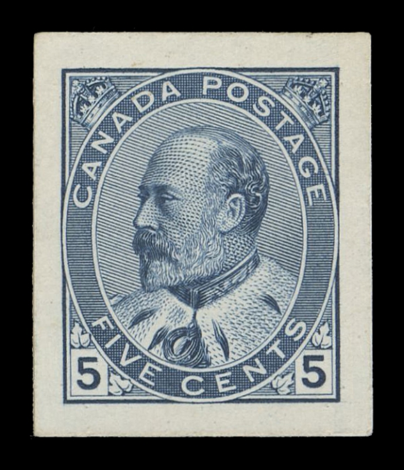 CANADA -  7 KING EDWARD VII  91,An engraved Die Proof stamp size, printed in blue on card, sharp impression and very large margins all around; a very scarce (any size) KEVII proof, VF