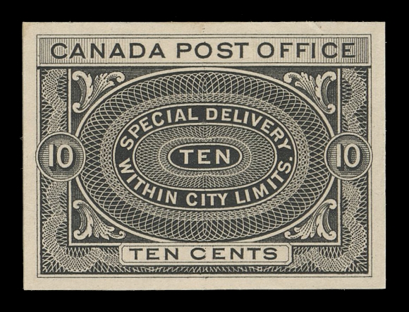 CANADA - 14 SPECIAL DELIVERY  E1,Trial Colour Die Proof stamp size in black printed directly on thin card, faint corner crease at top right not readily apparent, a very scarce proof, VF