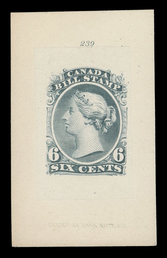 CANADA REVENUES (FEDERAL)  FB23,"Goodall" Die Proof, engraved, printed in greenish blue on india paper 22 x 35mm, sunk on larger card 34 x 55mm; die number "239" above and light impression of ABNC imprint below design, very scarce, VF