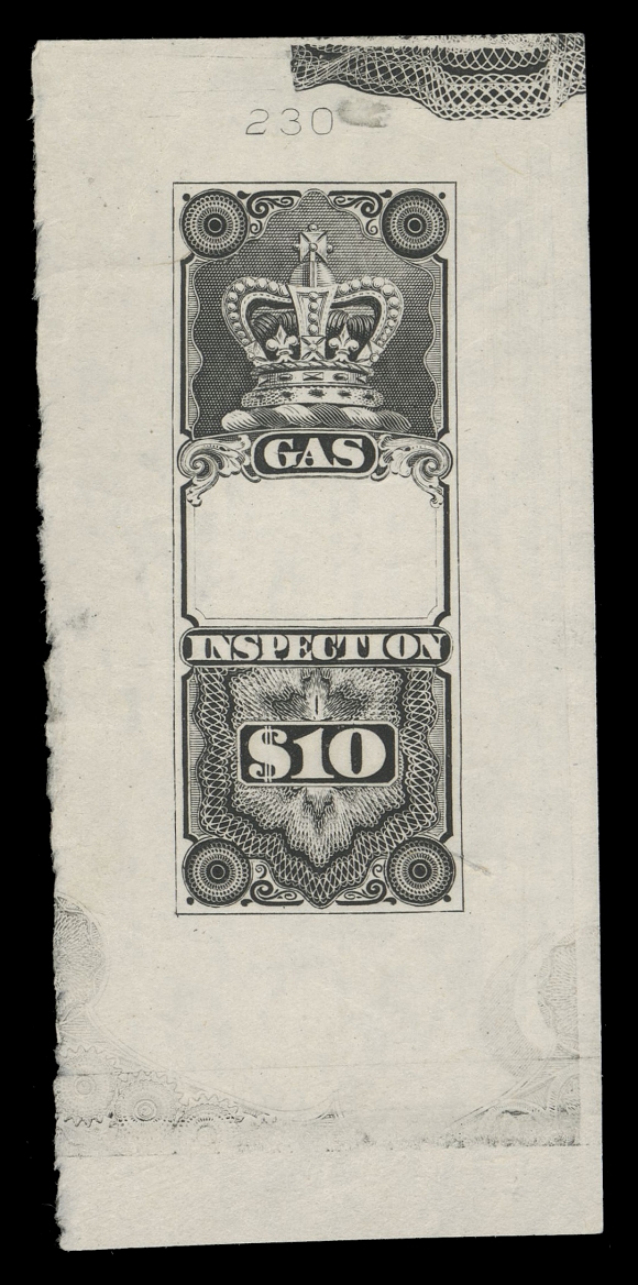 CANADA REVENUES (FEDERAL)  FG16,Royal "Crown" Issue, Engraved Die Proof in black on india paper 40 x 86mm, displaying die number "230" above design in addition to an unusual lathework pattern clearly engraved at top and faintly at foot, two light diagonal creases and small mounting mark away from design. Very rare and the only denomination of the this issue reported to exist as a die proof, VF