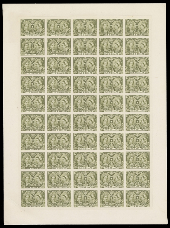 CANADA -  6 1897-1902 VICTORIAN ISSUES  65,Plate proof sheet of 50 printed in issued colour on card mounted india paper, no imprint - trimmed just above the stamps after printing. Immaterial corner card crease at lower left, VF and rare (Unitrade cat. $40,000)