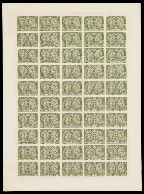 CANADA -  6 1897-1902 VICTORIAN ISSUES  65,Plate proof sheet of 50 printed in issued colour on card mounted india paper, 
no imprint - trimmed just above the stamps after printing. Immaterial corner card crease at lower left, VF and rare (Unitrade cat. $40,000)