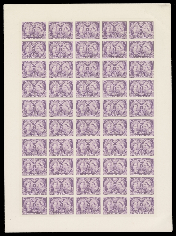 CANADA -  6 1897-1902 VICTORIAN ISSUES  64,Plate proof sheet of 50 printed in the issued colour on card mounted india paper, no imprint - trimmed just above the stamps after printing; corner card crease at top right. VF and rare (Unitrade cat. $40,000) 