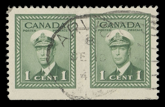 CANADA -  9 KING GEORGE VI  249variety,An exceedingly rare horizontal pair, completely imperforate vertically between (no trace of blind perfs), natural straight edge at foot as originated from misguillotined booklet panes, Arvida, P.Q. postmark; hint of a crease between stamps and small shallow thin. Despite these minor imperfections, this is the only such perforation error we recall seeing on this stamp. A striking KGVI error ideal for a serious collection, VF; 1987 Greene Foundation cert.