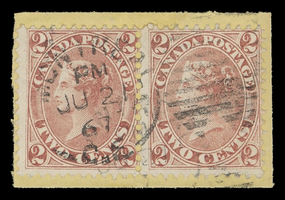CANADA -  3 CENTS  20i,A used pair tied to small piece by clear Montreal JU 21 67 duplex datestamps, an attractive and very scarce multiple, F-VF
