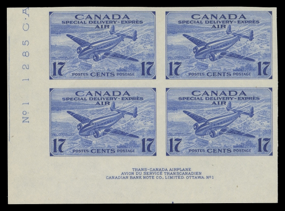 CANADA - 12 AIRMAILS  CE2a,An impressive, brilliant fresh mint imperforate Lower Left Plate 1 block of four in pristine condition, faint trace of hinging at top; one of only two recorded lower left blocks, VF LH