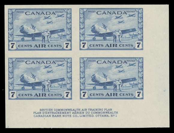 CANADA - 12 AIRMAILS  C8a,An exceptional mint imperforate Lower Right Plate 1 block of four in immaculate condition, brilliant fresh colour and full pristine original gum. The UNIQUE positional imperforate plate block; an absolute showpiece from this popular KGVI series, XF NHOnly two other imperforate plate blocks exist - Plate 1 LL and Plate 2 UR.