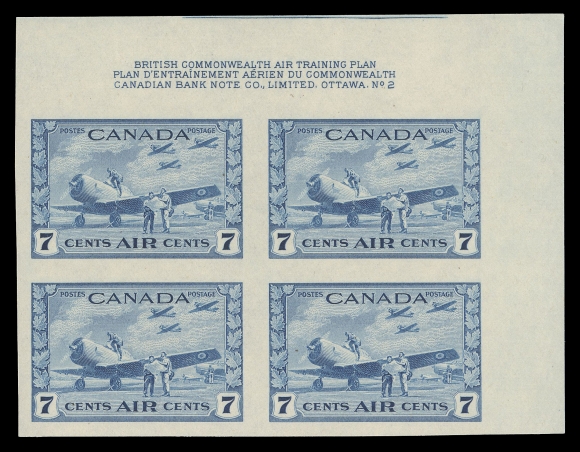 CANADA - 12 AIRMAILS  C8a,Superb mint imperforate Upper Right Plate 2 block of four, in outstanding quality and with large margins all around and full immaculate original gum. An exceptional showpiece, XF NH

Provenance: C.M. Jephcott, Sissons Sale 324, April 1973; part of Lot 480