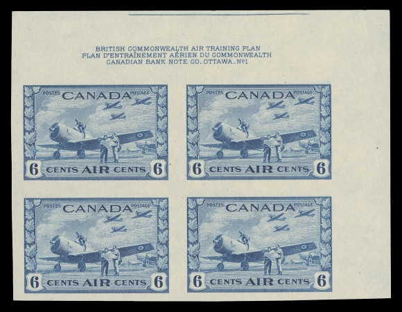 CANADA - 12 AIRMAILS  C7a,A spectacular mint imperforate Upper Right Plate 1 block of four, large margins all around, faint bend in right margin only. An exceedingly rare imperforate plate block with full pristine original gum, VF+ NHProvenance: C.M. Jephcott, Sissons Sale 324, April 1973; part of Lot 480Only four imperforate plate blocks exist of the 6c airmail; one similar UR Plate 1 block is known (Eastern Auctions, February 2019; Lot 966 - sold for $5,625)