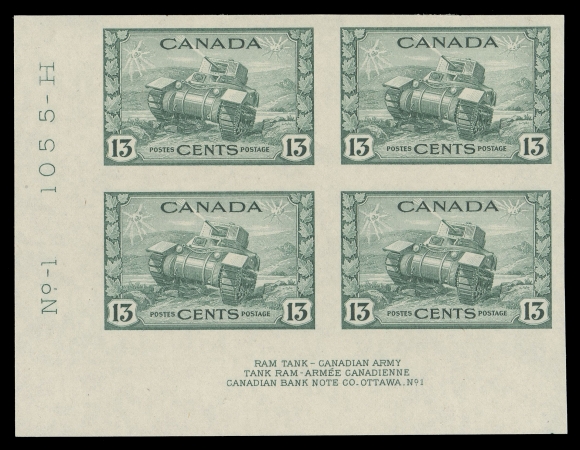 CANADA -  9 KING GEORGE VI  249d-262a,THE FINER OF THE TWO KNOWN COMPLETE SETS OF IMPERFORATE PLATE BLOCKS. Only three of each denomination were printed, in some cases with a different sheet position and / or plate number. The 4c KGVI has a tiny marginal nick at lower right, otherwise EACH BLOCK IS IN PRISTINE CONDITION as the day it was printed, with large margins and full original gum, NEVER HINGED. A glorious set in all respects, the greatest and most valuable King George VI era set in all of Canadian Philately, VF-XF NH (Photocopies of four articles pertinent to the set are enclosed)
 
Position and plate number details follow: 

One cent – Plate 2 LR
Two cent – Plate 2 LR
Three cent dark carmine – Plate 1 UR
Three cent rose violet – Plate 12 LL
Four cent dark carmine – Plate 6  LR
Four cent Grain Elevator – Plate 1 LR
Five cent – Plate 1 UL
Eight cent – Plate 1 UR
Ten cent – Plate 2  LL
Thirteen cent – Plate 1 LL
Fourteen cent – Plate 1 LR
Twenty cent – Plate 2 UL
Fifty cent – Plate 1 UR
One dollar – Plate 1 UR

Provenance: Alfred Lichtenstein, H.R. Harmer, Inc. November 1954; Lot 631
                   C.M. Jephcott, Sissons Sale 323-324, April 1973; Lot 448
                   Unknown provenance, Maresch Sale 301-303, November 1995; Lot 746

Literature: Illustrated in Capex 