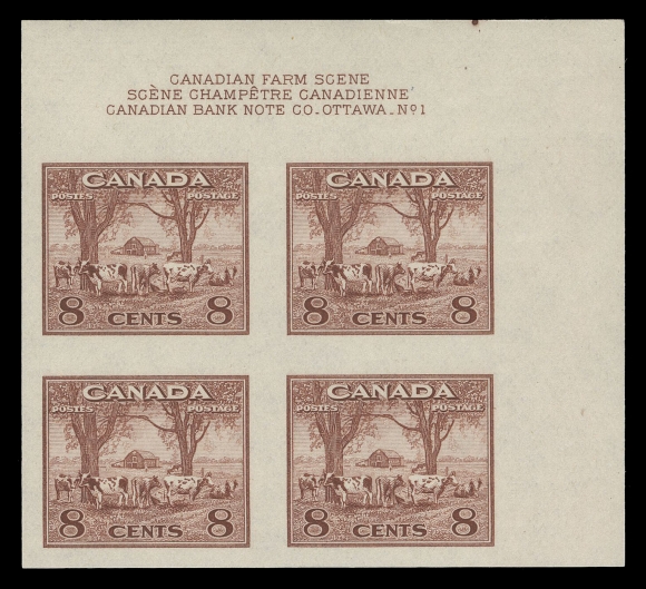 CANADA -  9 KING GEORGE VI  249d-262a,THE FINER OF THE TWO KNOWN COMPLETE SETS OF IMPERFORATE PLATE BLOCKS. Only three of each denomination were printed, in some cases with a different sheet position and / or plate number. The 4c KGVI has a tiny marginal nick at lower right, otherwise EACH BLOCK IS IN PRISTINE CONDITION as the day it was printed, with large margins and full original gum, NEVER HINGED. A glorious set in all respects, the greatest and most valuable King George VI era set in all of Canadian Philately, VF-XF NH (Photocopies of four articles pertinent to the set are enclosed) Position and plate number details follow: One cent – Plate 2 LRTwo cent – Plate 2 LRThree cent dark carmine – Plate 1 URThree cent rose violet – Plate 12 LLFour cent dark carmine – Plate 6  LRFour cent Grain Elevator – Plate 1 LRFive cent – Plate 1 ULEight cent – Plate 1 URTen cent – Plate 2  LLThirteen cent – Plate 1 LLFourteen cent – Plate 1 LRTwenty cent – Plate 2 ULFifty cent – Plate 1 UROne dollar – Plate 1 URProvenance: Alfred Lichtenstein, H.R. Harmer, Inc. November 1954; Lot 631                   C.M. Jephcott, Sissons Sale 323-324, April 1973; Lot 448                   Unknown provenance, Maresch Sale 301-303, November 1995; Lot 746Literature: Illustrated in Capex 