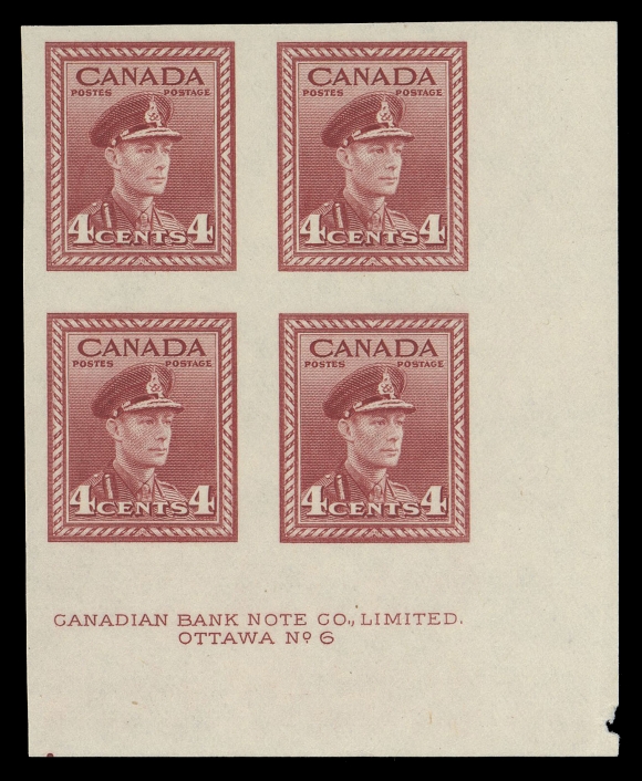 CANADA -  9 KING GEORGE VI  249d-262a,THE FINER OF THE TWO KNOWN COMPLETE SETS OF IMPERFORATE PLATE BLOCKS. Only three of each denomination were printed, in some cases with a different sheet position and / or plate number. The 4c KGVI has a tiny marginal nick at lower right, otherwise EACH BLOCK IS IN PRISTINE CONDITION as the day it was printed, with large margins and full original gum, NEVER HINGED. A glorious set in all respects, the greatest and most valuable King George VI era set in all of Canadian Philately, VF-XF NH (Photocopies of four articles pertinent to the set are enclosed)
 
Position and plate number details follow: 

One cent – Plate 2 LR
Two cent – Plate 2 LR
Three cent dark carmine – Plate 1 UR
Three cent rose violet – Plate 12 LL
Four cent dark carmine – Plate 6  LR
Four cent Grain Elevator – Plate 1 LR
Five cent – Plate 1 UL
Eight cent – Plate 1 UR
Ten cent – Plate 2  LL
Thirteen cent – Plate 1 LL
Fourteen cent – Plate 1 LR
Twenty cent – Plate 2 UL
Fifty cent – Plate 1 UR
One dollar – Plate 1 UR

Provenance: Alfred Lichtenstein, H.R. Harmer, Inc. November 1954; Lot 631
                   C.M. Jephcott, Sissons Sale 323-324, April 1973; Lot 448
                   Unknown provenance, Maresch Sale 301-303, November 1995; Lot 746

Literature: Illustrated in Capex 