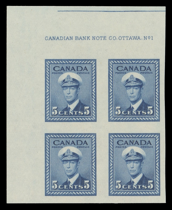 CANADA -  9 KING GEORGE VI  249d-262a,THE FINER OF THE TWO KNOWN COMPLETE SETS OF IMPERFORATE PLATE BLOCKS. Only three of each denomination were printed, in some cases with a different sheet position and / or plate number. The 4c KGVI has a tiny marginal nick at lower right, otherwise EACH BLOCK IS IN PRISTINE CONDITION as the day it was printed, with large margins and full original gum, NEVER HINGED. A glorious set in all respects, the greatest and most valuable King George VI era set in all of Canadian Philately, VF-XF NH (Photocopies of four articles pertinent to the set are enclosed) Position and plate number details follow: One cent – Plate 2 LRTwo cent – Plate 2 LRThree cent dark carmine – Plate 1 URThree cent rose violet – Plate 12 LLFour cent dark carmine – Plate 6  LRFour cent Grain Elevator – Plate 1 LRFive cent – Plate 1 ULEight cent – Plate 1 URTen cent – Plate 2  LLThirteen cent – Plate 1 LLFourteen cent – Plate 1 LRTwenty cent – Plate 2 ULFifty cent – Plate 1 UROne dollar – Plate 1 URProvenance: Alfred Lichtenstein, H.R. Harmer, Inc. November 1954; Lot 631                   C.M. Jephcott, Sissons Sale 323-324, April 1973; Lot 448                   Unknown provenance, Maresch Sale 301-303, November 1995; Lot 746Literature: Illustrated in Capex 