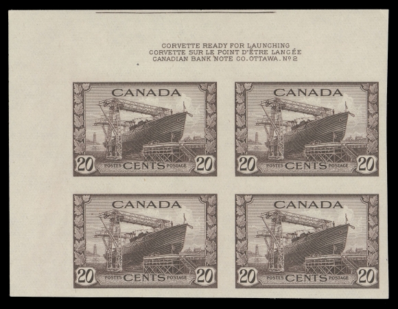 CANADA -  9 KING GEORGE VI  249d-262a,THE FINER OF THE TWO KNOWN COMPLETE SETS OF IMPERFORATE PLATE BLOCKS. Only three of each denomination were printed, in some cases with a different sheet position and / or plate number. The 4c KGVI has a tiny marginal nick at lower right, otherwise EACH BLOCK IS IN PRISTINE CONDITION as the day it was printed, with large margins and full original gum, NEVER HINGED. A glorious set in all respects, the greatest and most valuable King George VI era set in all of Canadian Philately, VF-XF NH (Photocopies of four articles pertinent to the set are enclosed)
 
Position and plate number details follow: 

One cent – Plate 2 LR
Two cent – Plate 2 LR
Three cent dark carmine – Plate 1 UR
Three cent rose violet – Plate 12 LL
Four cent dark carmine – Plate 6  LR
Four cent Grain Elevator – Plate 1 LR
Five cent – Plate 1 UL
Eight cent – Plate 1 UR
Ten cent – Plate 2  LL
Thirteen cent – Plate 1 LL
Fourteen cent – Plate 1 LR
Twenty cent – Plate 2 UL
Fifty cent – Plate 1 UR
One dollar – Plate 1 UR

Provenance: Alfred Lichtenstein, H.R. Harmer, Inc. November 1954; Lot 631
                   C.M. Jephcott, Sissons Sale 323-324, April 1973; Lot 448
                   Unknown provenance, Maresch Sale 301-303, November 1995; Lot 746

Literature: Illustrated in Capex 