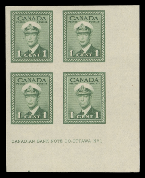 CANADA -  9 KING GEORGE VI  249d,A superb mint imperforate Lower Right Plate 1 block of four, in immaculate condition with full original gum; one of only three known imperforate plate blocks (the other two are in complete sets), XF NHThe other two known imperforate plate blocks are Plate 1 LR and Plate 2 LR. Provenance: George Ludlow Lee, H.R. Harmer Inc., December 1963; Lot 356