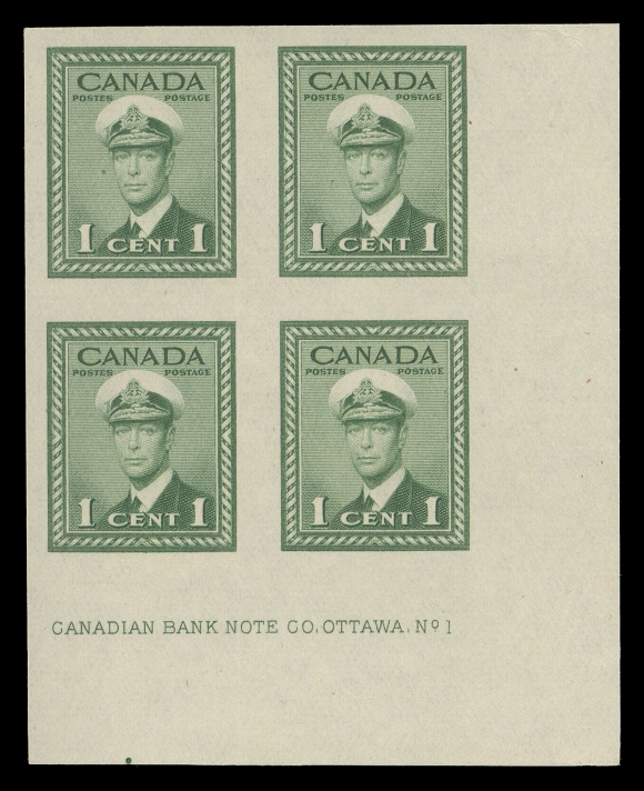 CANADA -  9 KING GEORGE VI  249d,A superb mint imperforate Lower Right Plate 1 block of four, in immaculate condition with full original gum; one of only three known imperforate plate blocks (the other two are in complete sets), XF NH

The other two known imperforate plate blocks are Plate 1 LR and Plate 2 LR. 

Provenance: George Ludlow Lee, H.R. Harmer Inc., December 1963; Lot 356