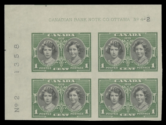 CANADA -  9 KING GEORGE VI  246-248,An exceedingly rare set of three mint imperforate plate blocks - the 1c Plate 4-2 UL is lightly hinged in the top selvedge only, the 2c Plate 2-2 UR and 3c Plate 2-3 LR are both in superb mint NH condition, each block is UNIQUE. One of only four possible sets of imperforate plate blocks (any plate number or position) that can be assembled regardless of condition. This set ranks among the very finest known. A GEM set ideal for a discriminating collector, XF LH / NHLiterature: Illustrated in Capex 