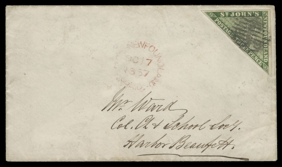 NEWFOUNDLAND -  1 PENCE  1857 (October 17) A quite fresh and clean cover bearing a single 3p yellowish green on thick white paper cancelled by a grid, mailed from St. John