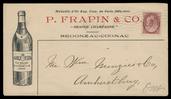 CANADA -  6 1897-1902 VICTORIAN ISSUES  1903 (August 1) P. Frapin & Co. Champagne & Cognac "bottle" illustrated advertising cover with all-over advertising text for Vichy Natural Mineral Water in dark blue on reverse, bearing a 2c carmine, Die II tied by Montreal machine cancel to Amherstburg, clean and appealing, VF (Unitrade 77a)