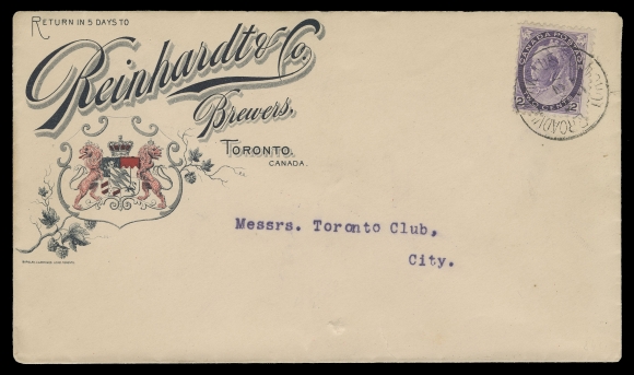 CANADA -  6 1897-1902 VICTORIAN ISSUES  1899 (May 31) Reinhardt & Co. Brewers "coat of arms" advertising cover, three of their beers are illustrated on reverse - Bock, Bavarian Lager Beer and Salvador, the latter claimed to be "Canada