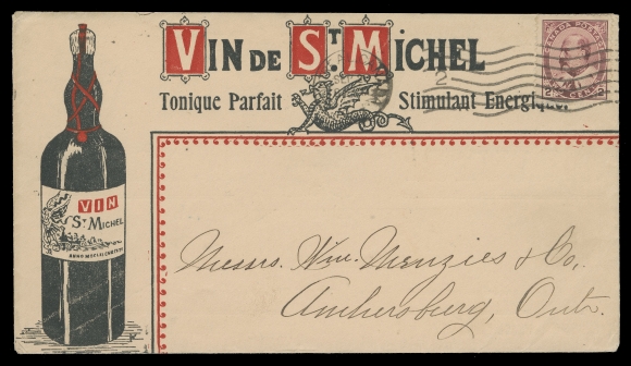 CANADA -  7 KING EDWARD VII  1903 (September 28) Vin de St. Michel / Tonique Parfait, Stimulant Energique bottle and "bottle" illustrated advert cover with all-over advertising text for Vichy Natural Mineral Water in dark blue on reverse, bearing 2c carmine, Type I tied by Montreal machine datestamp cancel to Amherstburg, VF (Unitrade 90e)