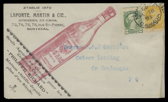 CANADA -  5 SMALL QUEEN  1895 (February 28) Laporte, Martin & Cie. Epiciers en Gros "Philippe Richard Cognac Bottle" illustrated cover with all-over advert text on reverse, bearing 1c yellow & 2c green (Ottawa printings perf 12) tied by Montreal duplex, cover repair at right, Fine with great appeal (Unitrade 35, 36i)