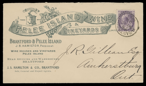 CANADA -  6 1897-1902 VICTORIAN ISSUES  1899 (May 16) Brantford & Pelee Island Wine & Vineyards Co. "Grapes and Scroll" illustrated advertising cover, franked with 2c violet tied by clear Brantford, Ont CDS postmark to Amherstburg, attractive, VF (Unitrade 76)