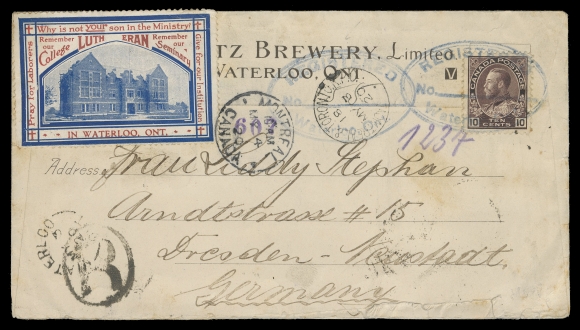 CANADA -  8 KING GEORGE V  1920 (May 3) The Original Kuntz Brewery, Waterlow all-over advert cover, observe shows addressee and a 10c plum tied by oval Registered Waterloo, Ont. handstamps in blue, Waterloo split ring dispatch and oval "R" handstamp at left, College Lutheran Seminary label affixed at top, Dresden receiver; pays 5c cent letter rate plus 5c registration to Germany, opening tear at foot and light toning do not detract, F-VF (Unitrade 116)