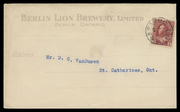 CANADA -  8 KING GEORGE V  1913 (March 19) Berlin Lion Brewery, Berlin Ontario all-over advertising cover on both sides, franked with 2c carmine tied by Tor. & Sar. M.C. / No. 1 RPO, slightly reduced at one side, otherwise in pristine fresh condition, VF (Unitrade 106)