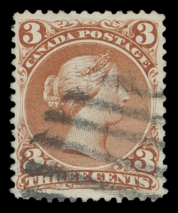 CANADA -  4 LARGE QUEEN  25iii,A superior example of this very distinctive, short-lived printing, characteristic sharp impression on bright white paper and intact perforations all around, very well centered used with grid cancellation. A lovely stamp especially scarce in such choice condition, XF