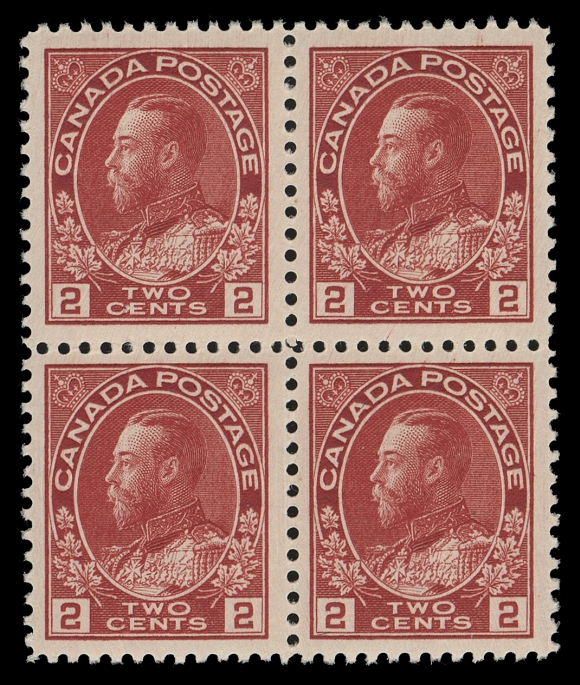CANADA -  8 KING GEORGE V  106v,A premium mint block of four with amazing post office fresh colour, extremely well centered with large margins and full immaculate original gum; a beautiful block in an attractive shade, XF NH