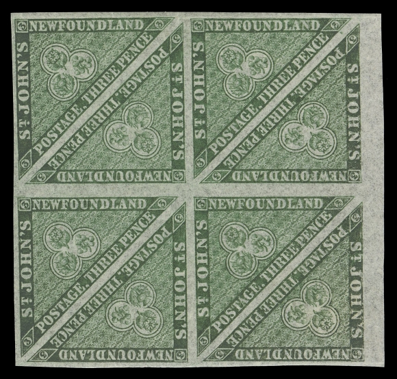 NEWFOUNDLAND -  1 PENCE  11A,An attractive sheet marginal mint block of eight, bright colour with full original gum, trivial crease along top margin at frameline, three stamps are NH, a nice multiple, VF, 2009 Greene Foundation cert.