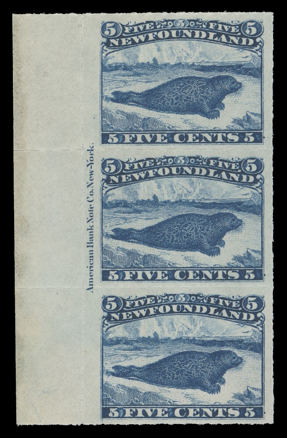 NEWFOUNDLAND -  2 CENTS  40,An impressive mint vertical left margin strip of three capturing the full ABNC plate imprint in the centre stamp; post office fresh colour, well centered with wide margins, full pristine original gum, never hinged. A rare plate imprint multiple in a remarkable state of preservation as fresh as it was printed nearly 150 years ago, VF+ NH (Cat. as three singles)