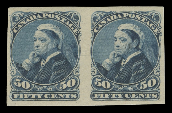 CANADA -  5 SMALL QUEEN  47a,An unusually select example of this difficult mint imperforate pair, large margined with characteristic deep colour and remarkably possessing full immaculate original gum, never hinged. A very scarce imperforate pair, VF NH; 2023 Greene Foundation cert.