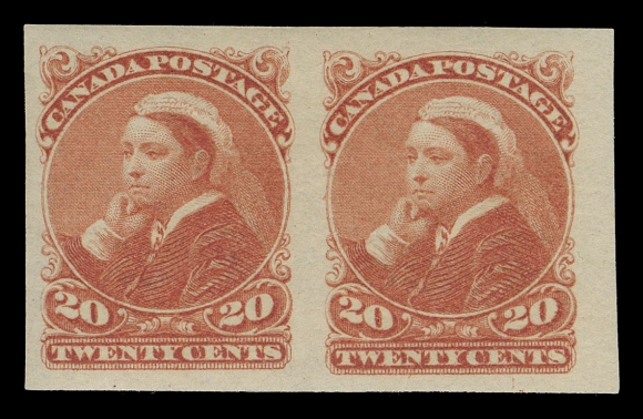CANADA -  5 SMALL QUEEN  46a,A spectacular mint imperforate pair surrounded by very large margins, distinctive rich colour associated with this particular imperforate. A superb pair in pristine condition and rare thus, XF H GEM