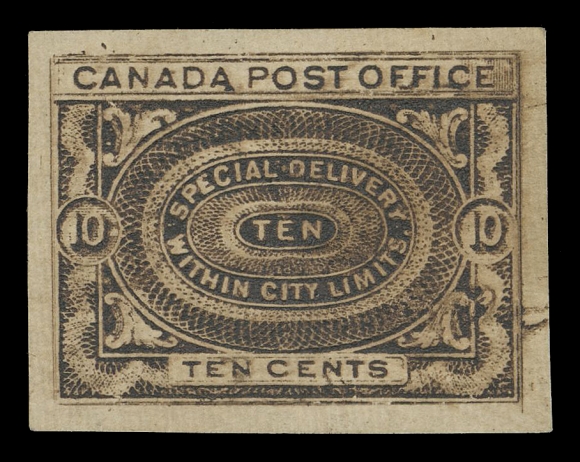 CANADA - 14 SPECIAL DELIVERY  E1,Engraved proof in brown on yellowish wove paper, showing multiple re-entered lines; accompanied with photographic print of the same proof on "bromide" affixed on archival card. The first such proof we recall seeing, VF; former proof with 1984 BPA cert. ex. G.H. Davis (November 1992; Lot 1623)