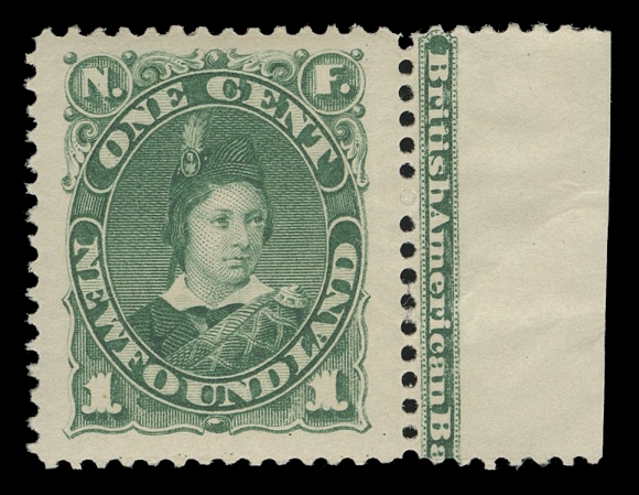 NEWFOUNDLAND -  2 CENTS  45,A remarkable mint single, very well centered with enormous margins, large part plate imprint in right margin, full pristine original gum. A superb and visually striking stamp, XF NH JUMBO