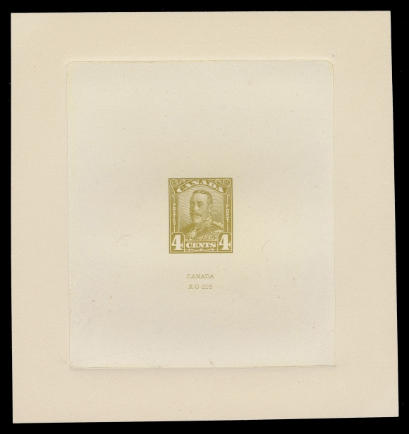 CANADA -  8 KING GEORGE V  152,Large Die Proof in bistre, issued colour, on india paper 75 x 87mm die sunk on larger card measuring 110 x 117mm; the hardened die showing die number "XG 215" and "CANADA" imprint below, in pristine fresh condition and choice, XF
