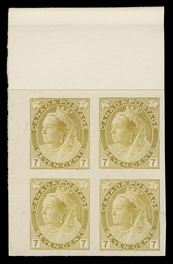 CANADA -  6 1897-1902 VICTORIAN ISSUES  74/82,Five different corner margin plate proof blocks of four, in issued colours on card mounted india paper - the ½c, 5c, 7c & 8c from UL corner and 2c carmine, Die I from UR corner, VF (Unitrade cat. $4,200)