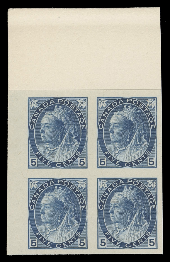 CANADA -  6 1897-1902 VICTORIAN ISSUES  74/82,Five different corner margin plate proof blocks of four, in issued colours on card mounted india paper - the ½c, 5c, 7c & 8c from UL corner and 2c carmine, Die I from UR corner, VF (Unitrade cat. $4,200)