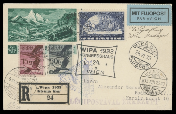 AUSTRIA  B110, B110a,1933 (June 24) 50g Stagecoach on ordinary paper, perf 12 on WIPA card with cachet, also 15g & 50g airmail sent registered airmail to Budapest and 50g Stagecoach on granite paper, perf 12 along with semi-postal stamp tied by WIPA cachet datestamps, mailed registered to Berlin, VF (Scott B110, B110a)