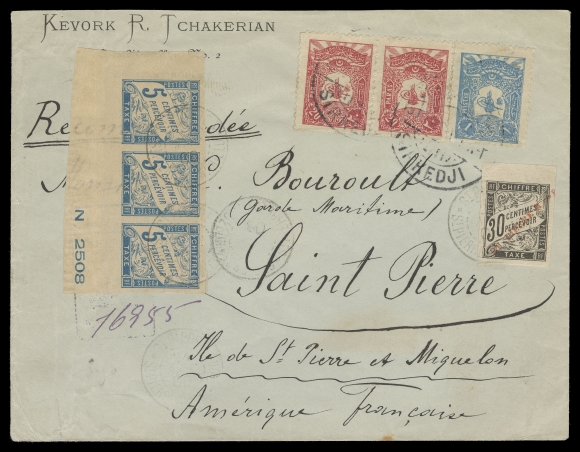 SPM - GENERAL ISSUES  1906 (October 15) Cover mailed registered from Turkey to St. Pierre & Miquelon, bearing Turkish 1905 20pa carmine pair and 1pi blue tied by Sirkedji CDS, shortpaid with a French Colonies General Issue postage due 5c blue lower left corner strip of three with "N2508" number in selvedge plus a SPM overprinted postage due 30c black with margin at top, both tied by light St. Pierre & Miquelon 24 NOV 06 CDS postmarks. A visually striking and rare usage of the 30c "St - Pierre M - on" red overprint postage due on cover, especially attractive from this unusual origin, VF (Scott J5; Yvert Taxe 5; Maury Taxe 5)