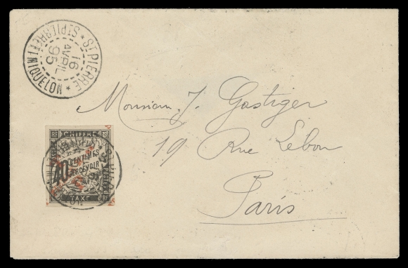 SPM - GENERAL ISSUES  1895 (April 16) Clean cover bearing 40c black, overprinted in red, tied by neat St. Pierre et Miquelon CDS postmark, second strike above, addressed to Paris with 13 Mai receiver on back, a very scarce usage of this issue on cover, VF (Scott 55; Yvert 54; Maury 55)